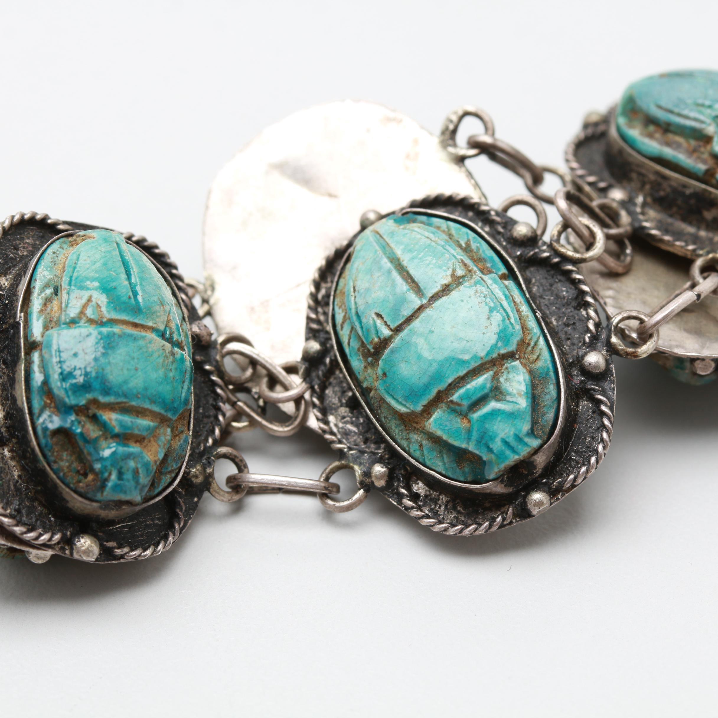 Egyptian 800 Sliver Ceramic Scarabs Bracelet