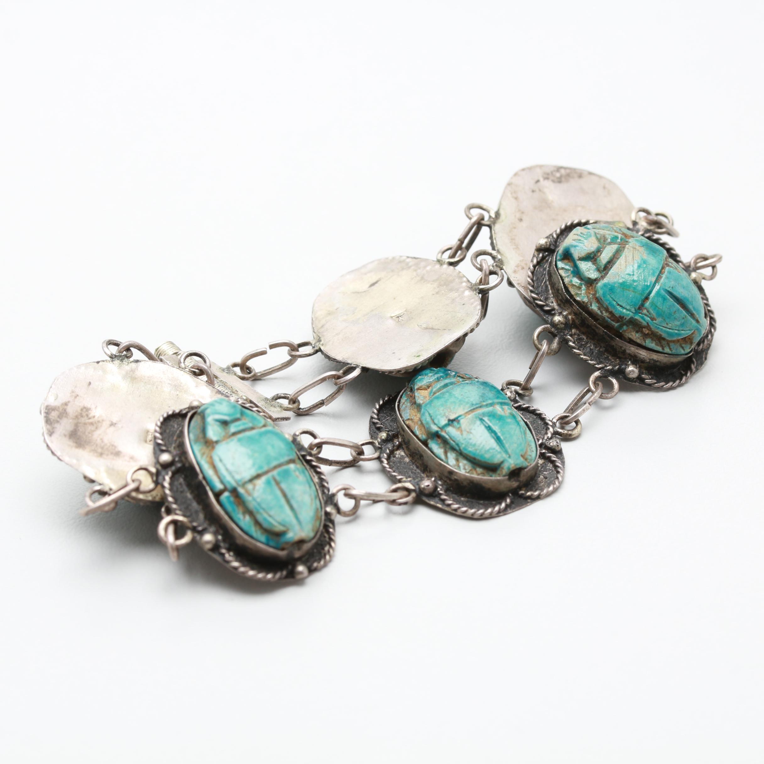 Egyptian 800 Sliver Ceramic Scarabs Bracelet