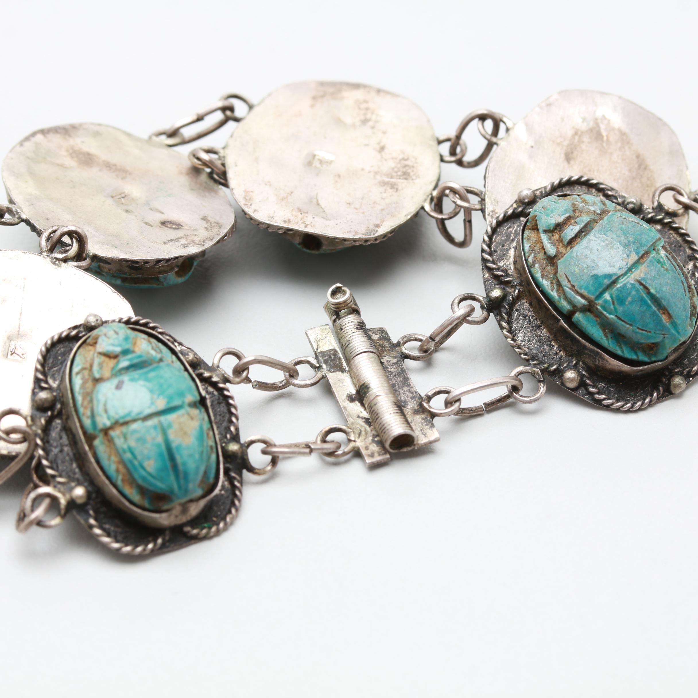 Egyptian 800 Sliver Ceramic Scarabs Bracelet