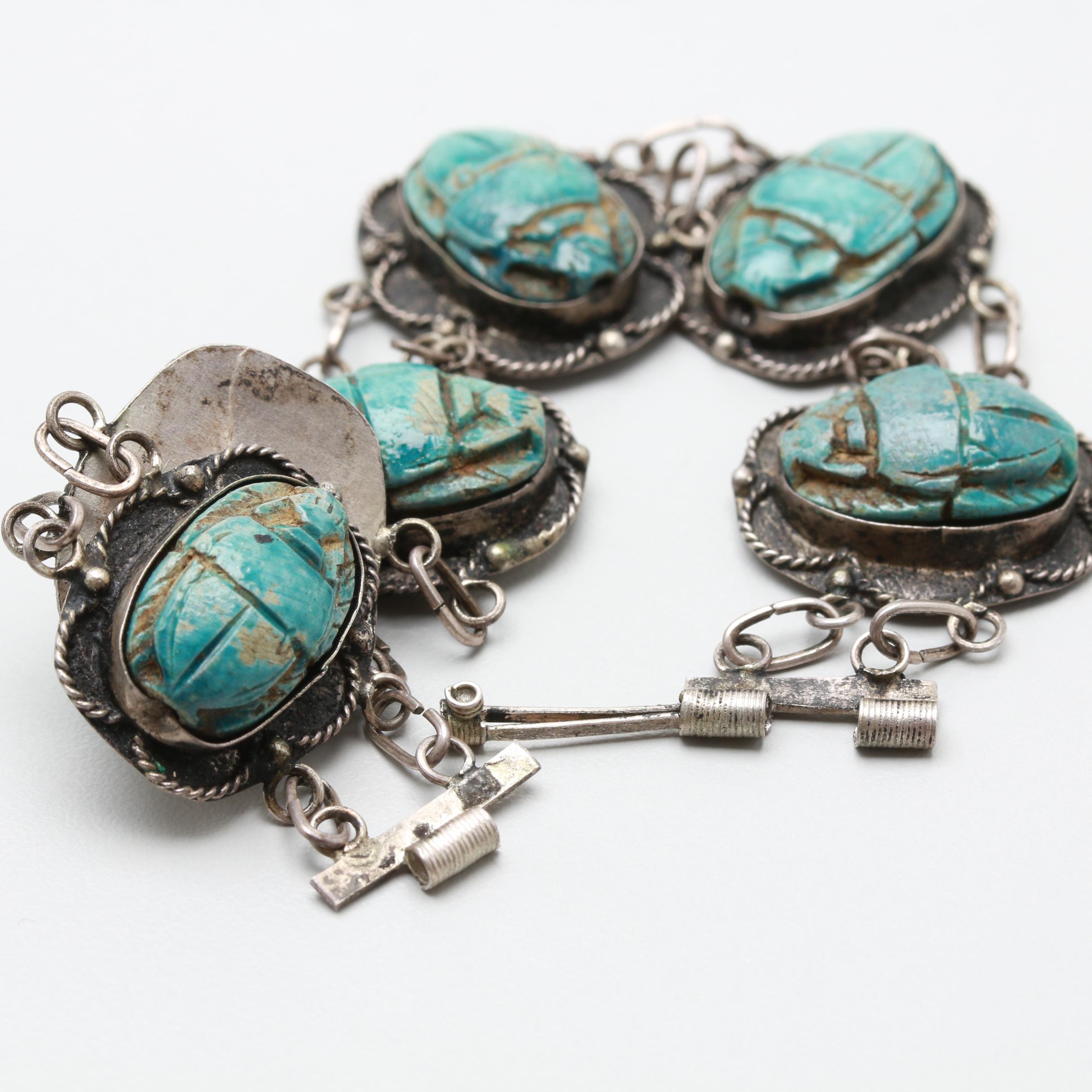 Egyptian 800 Sliver Ceramic Scarabs Bracelet