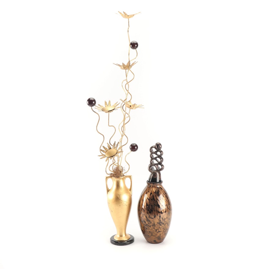 Fusion Art Glass Decanter and Sculptural Flowers in Metallic Vase