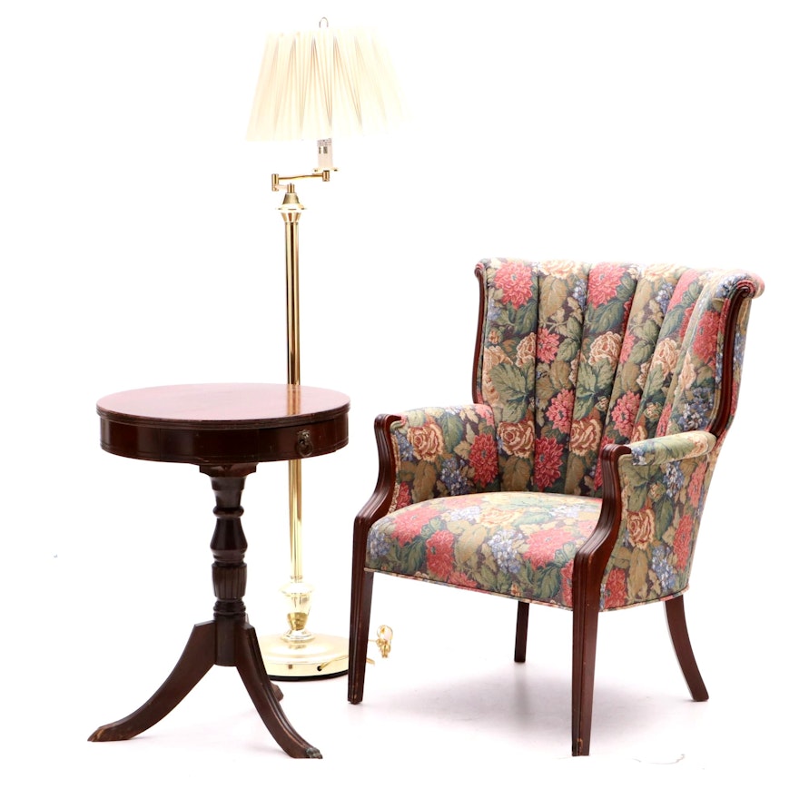 Upholstered Floral Arm Chair, Accent Table and Floor Lamp