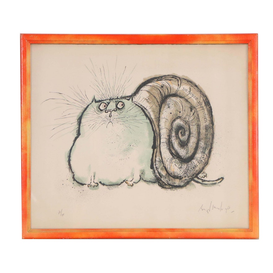 Ronald Searle Lithograph "Cat with Snail Shell"