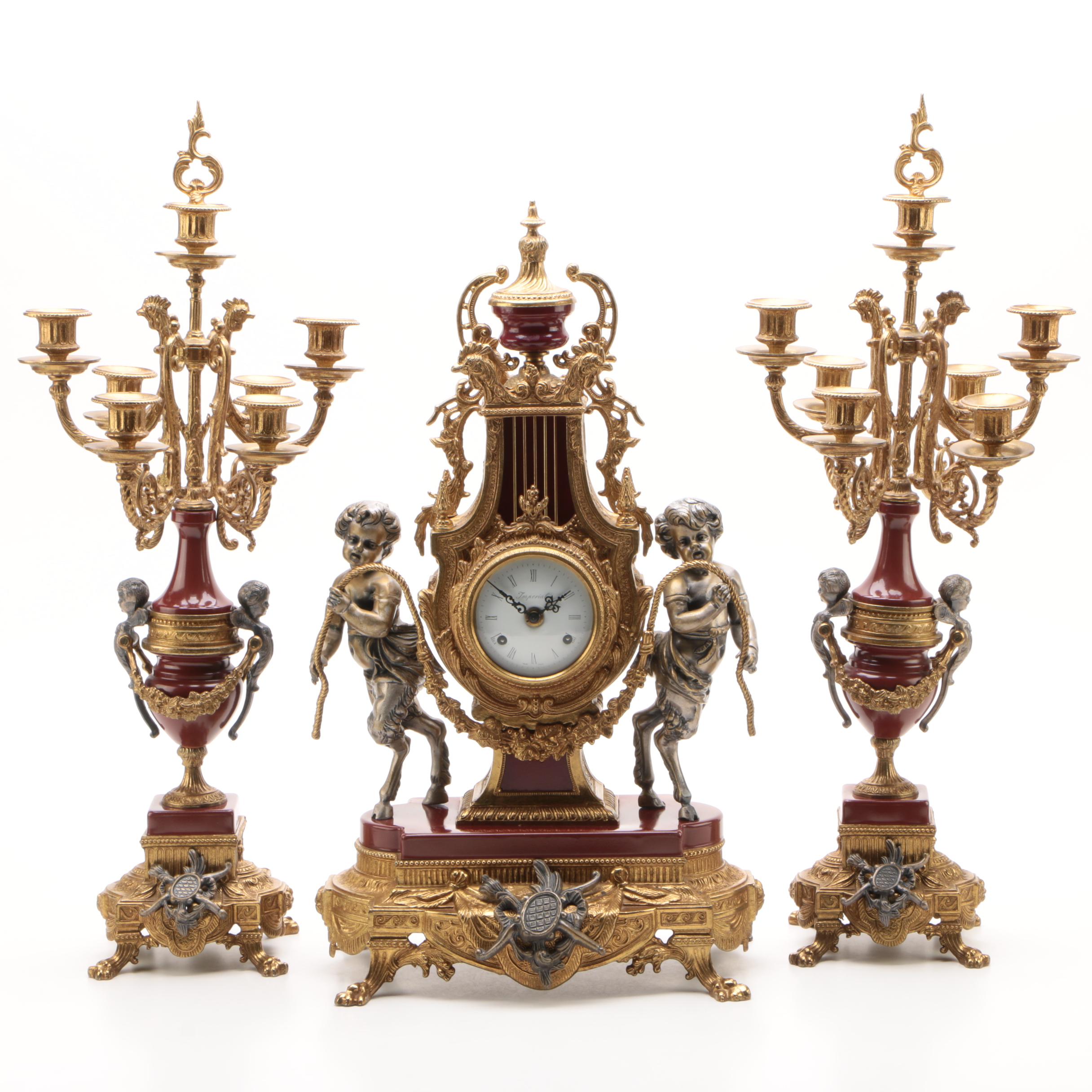 Brevettato Italian Imperial Clock Garniture Set, 1980s