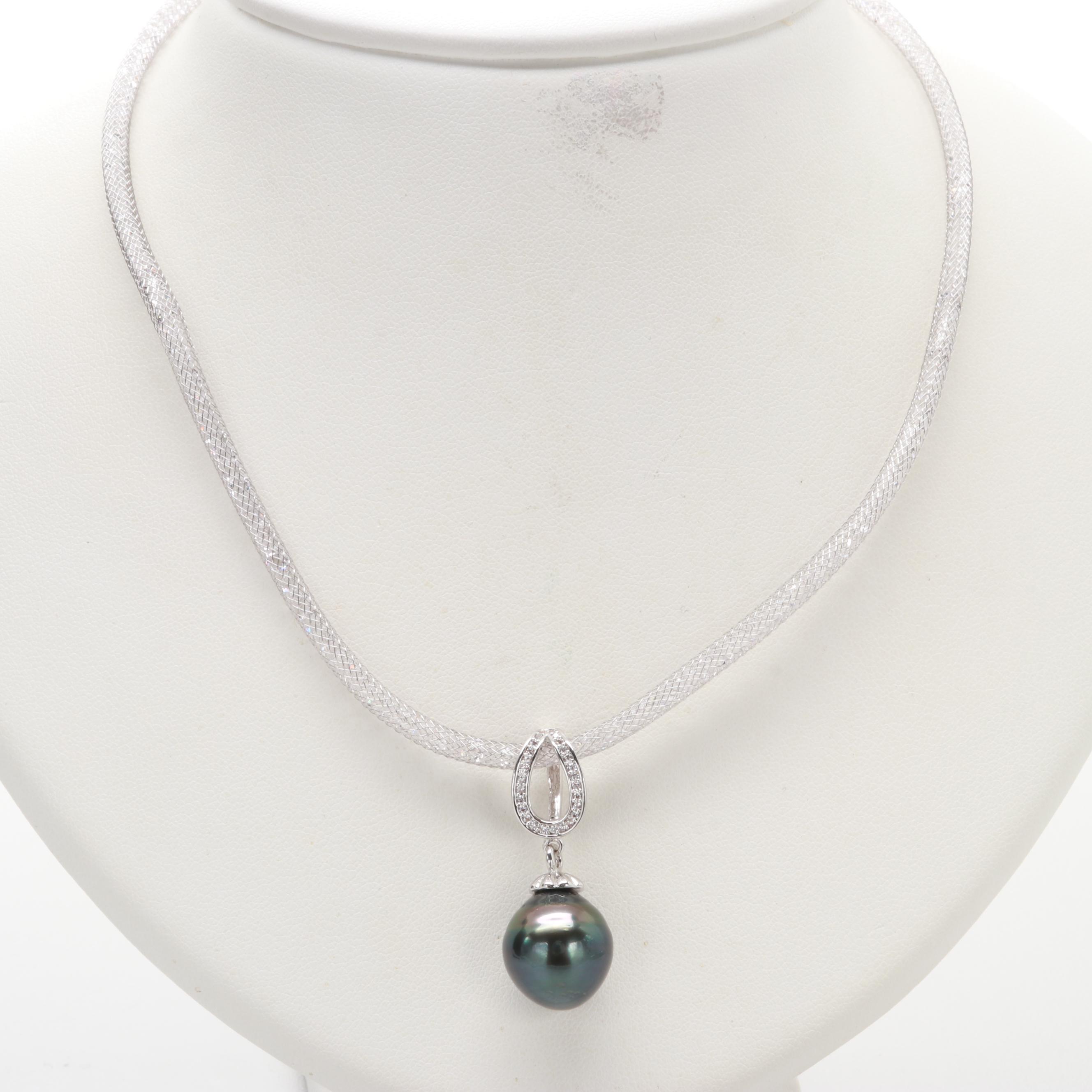 Silver Tone Cultured Pearl and Cubic Zirconia Pendant Necklace