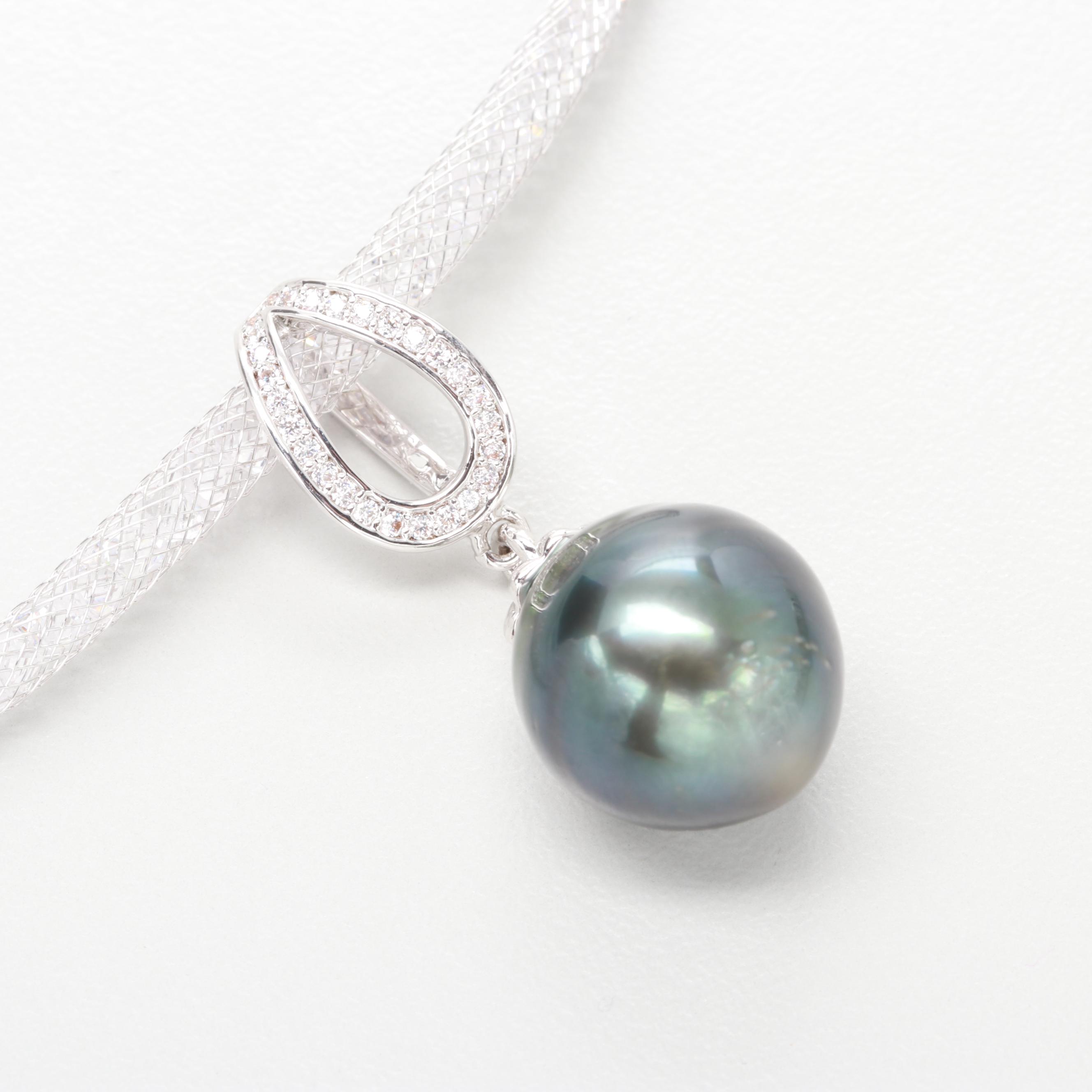 Silver Tone Cultured Pearl and Cubic Zirconia Pendant Necklace