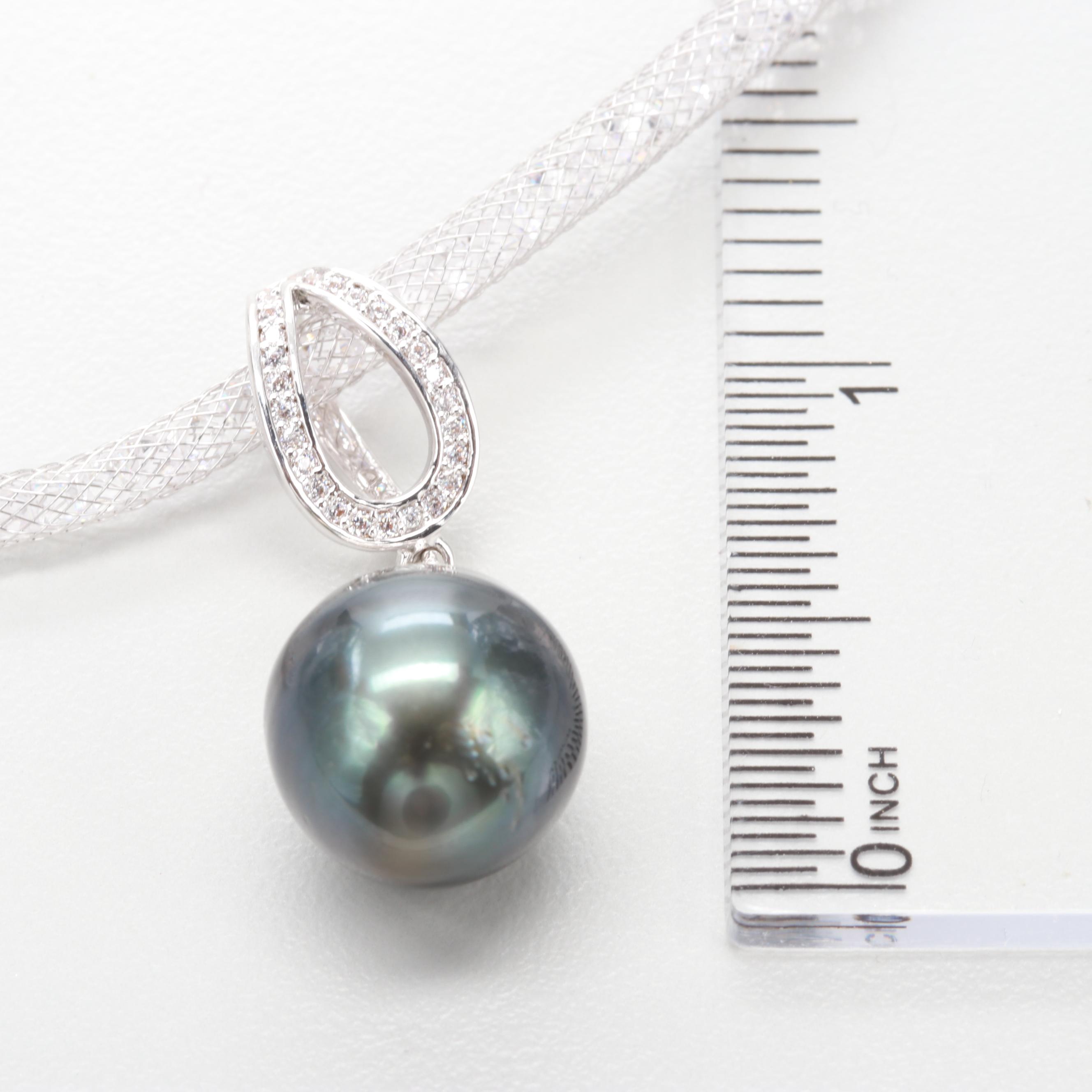 Silver Tone Cultured Pearl and Cubic Zirconia Pendant Necklace