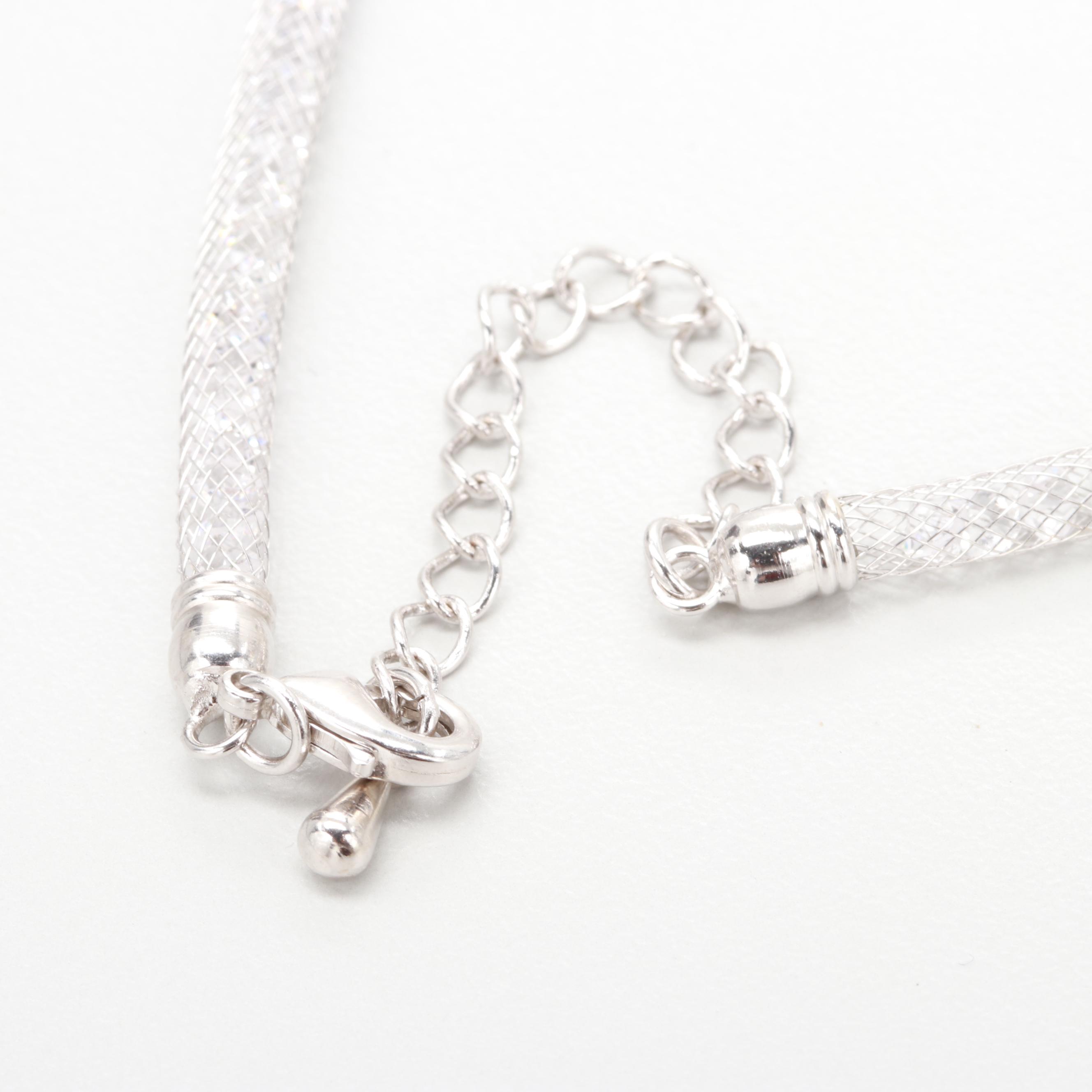 Silver Tone Cultured Pearl and Cubic Zirconia Pendant Necklace