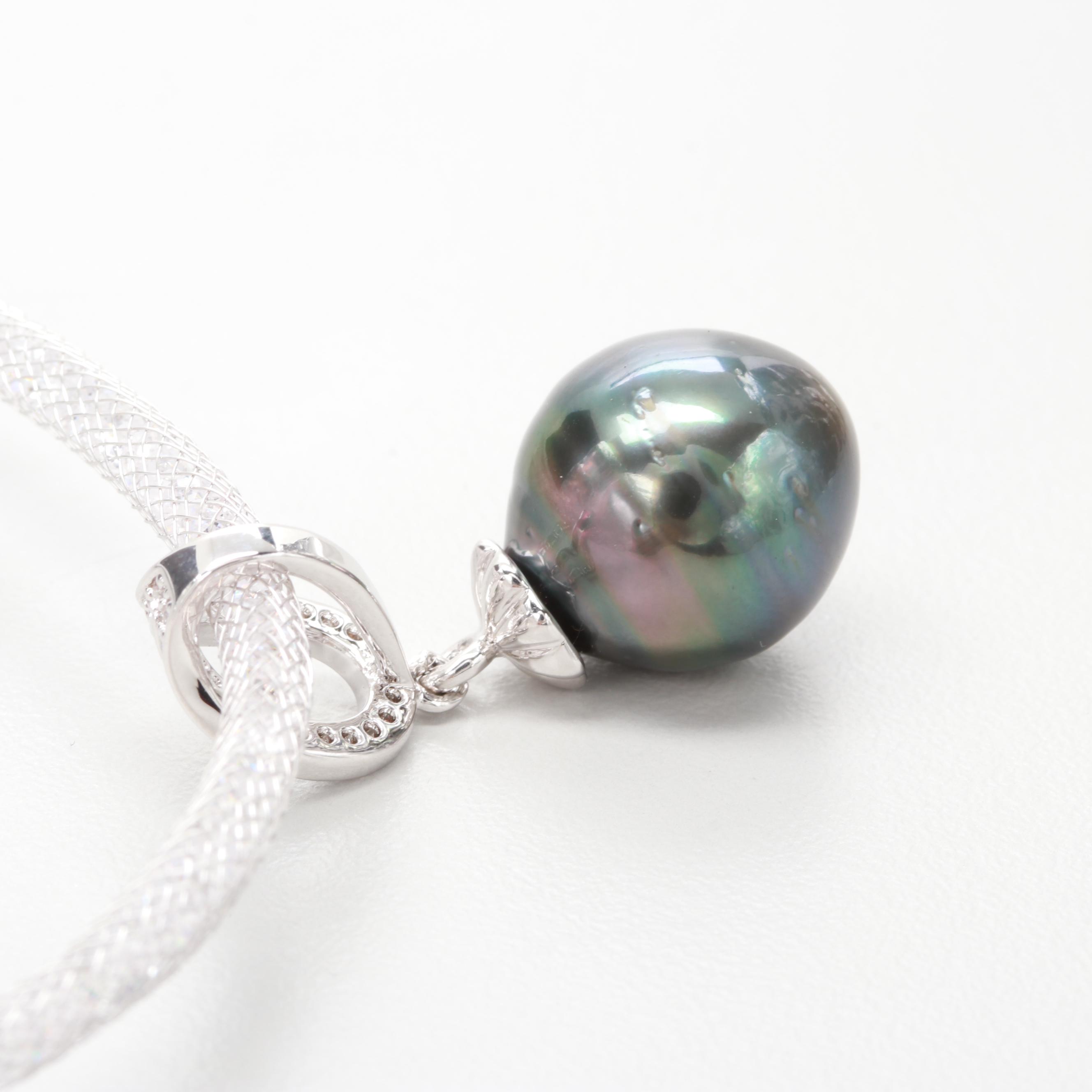 Silver Tone Cultured Pearl and Cubic Zirconia Pendant Necklace
