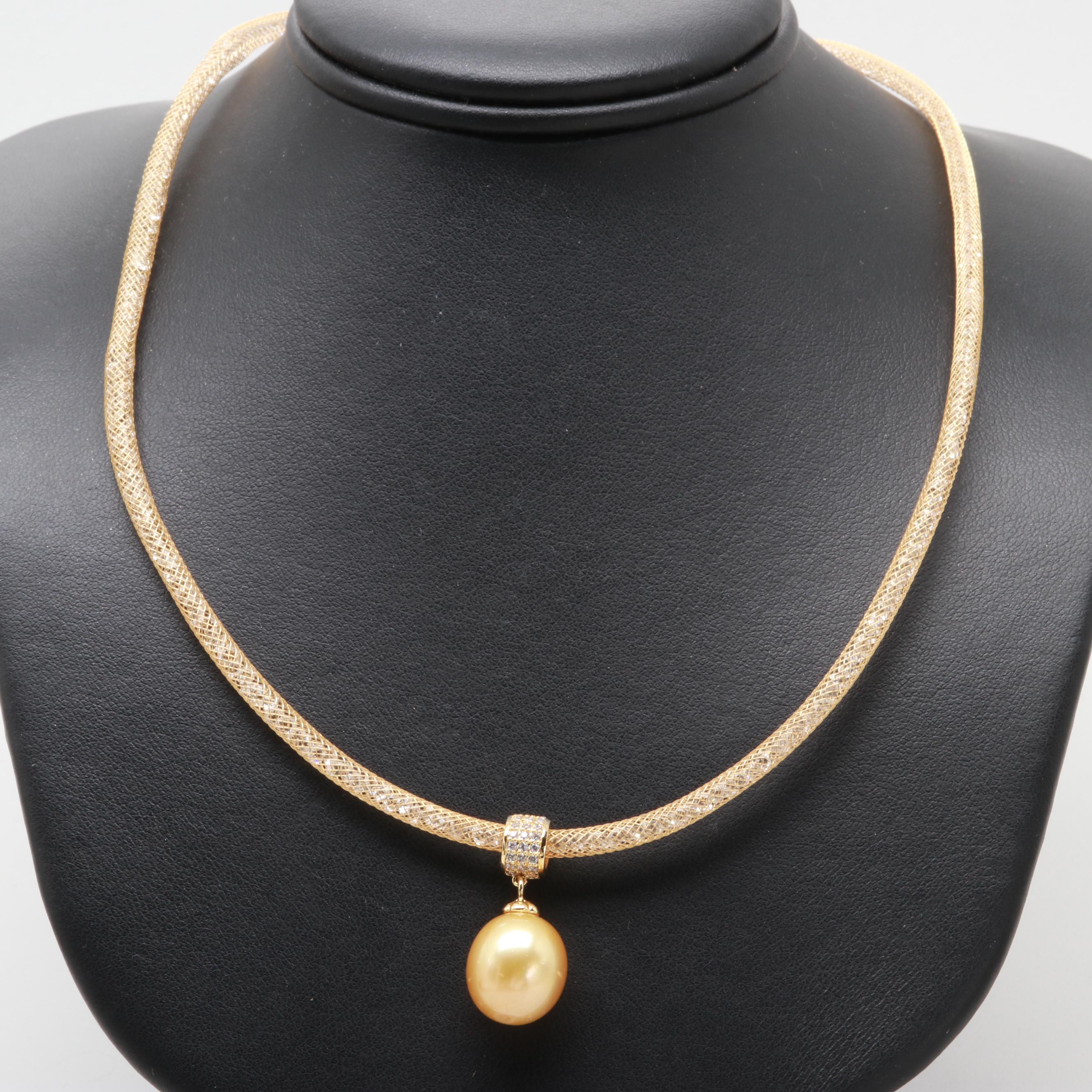Gold Tone Cultured Pearl and Cubic Zirconia Necklace