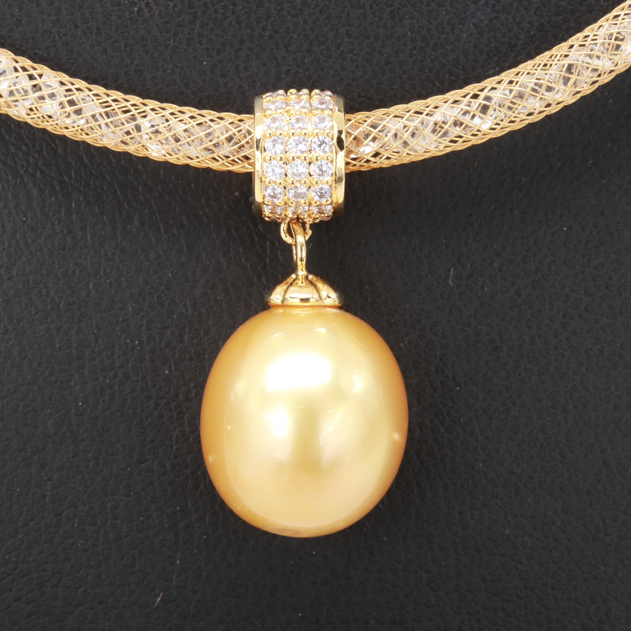 Gold Tone Cultured Pearl and Cubic Zirconia Necklace