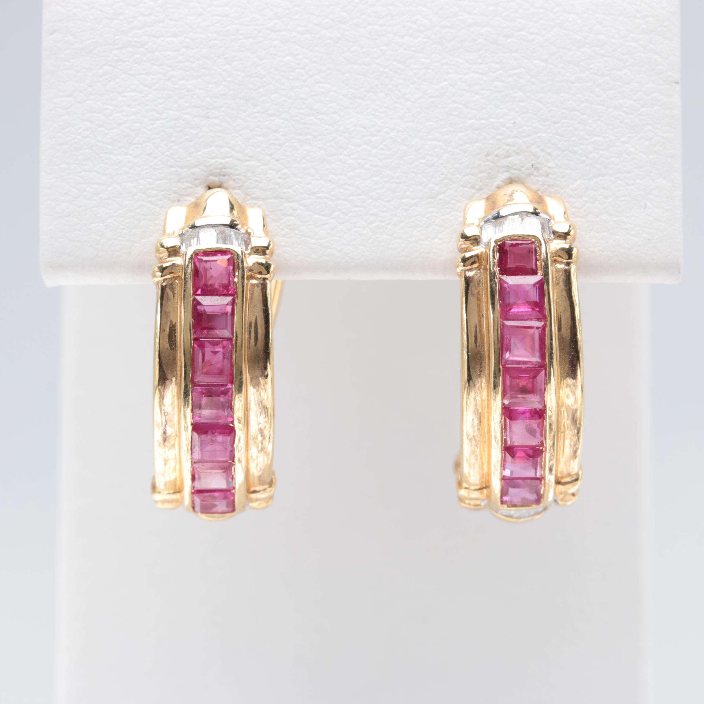 14K Yellow Gold Ruby and Diamond Earrings