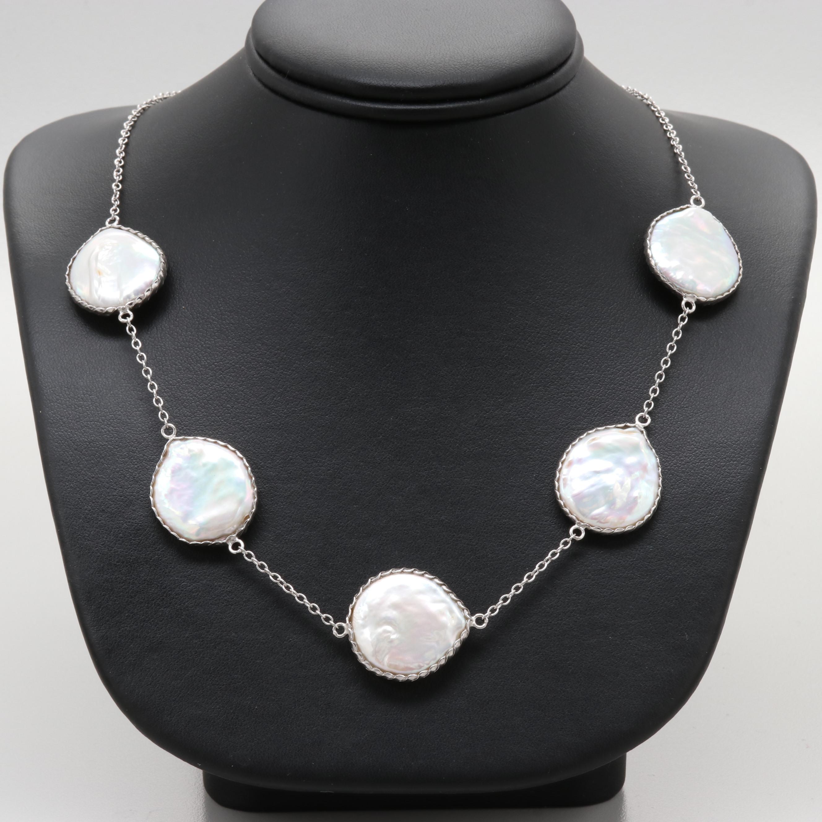 Sterling Silver Cultured Pearl Station Necklace