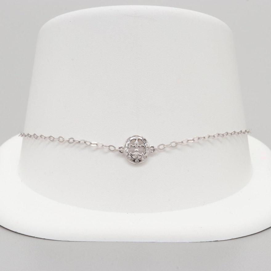 14K White Gold Diamond Fleur-de-Lis Chain Bracelet
