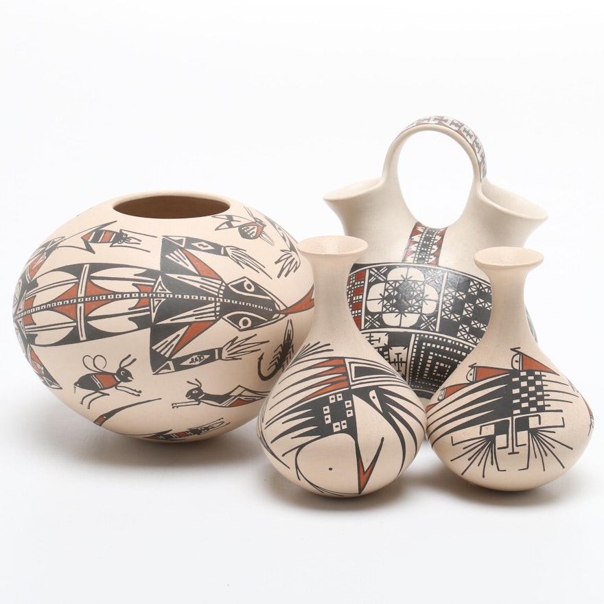 Mata Ortiz Polychrome Pottery with Vases, Seed Pot