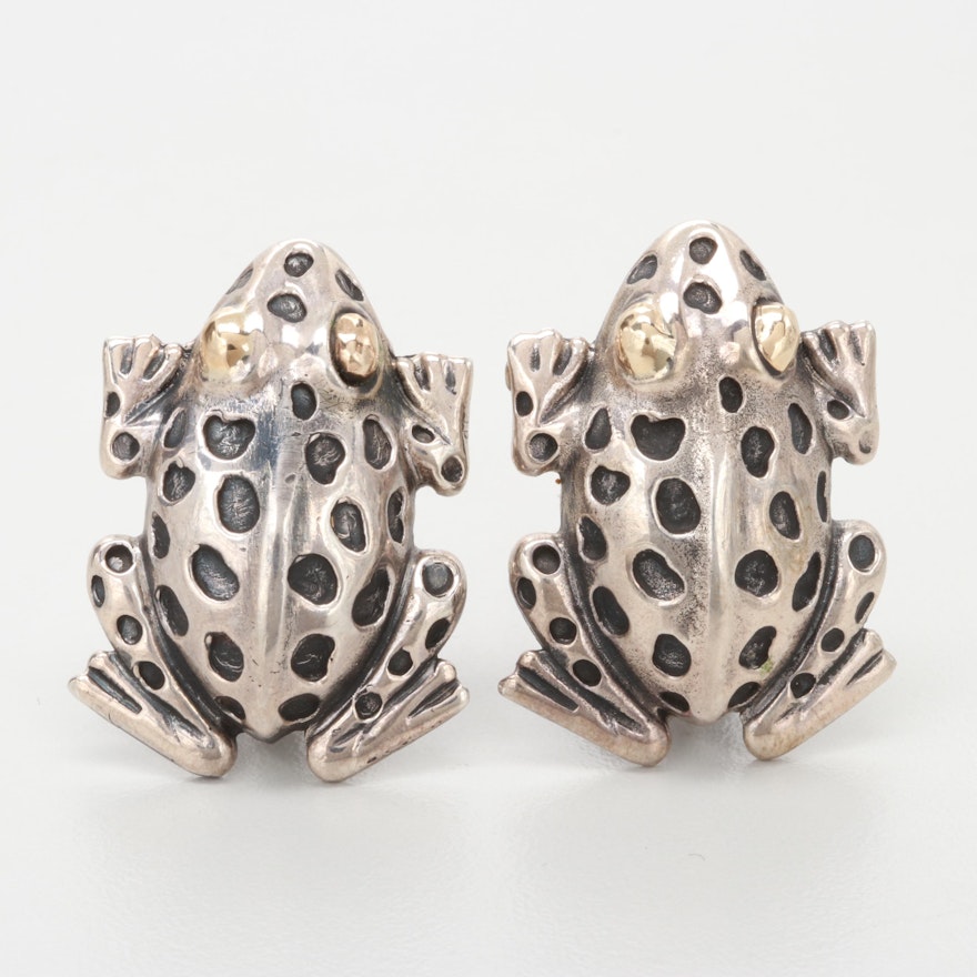 Dian Malouf Sterling Silver Frog Clip on Earrings with 14K Yellow Gold Accents