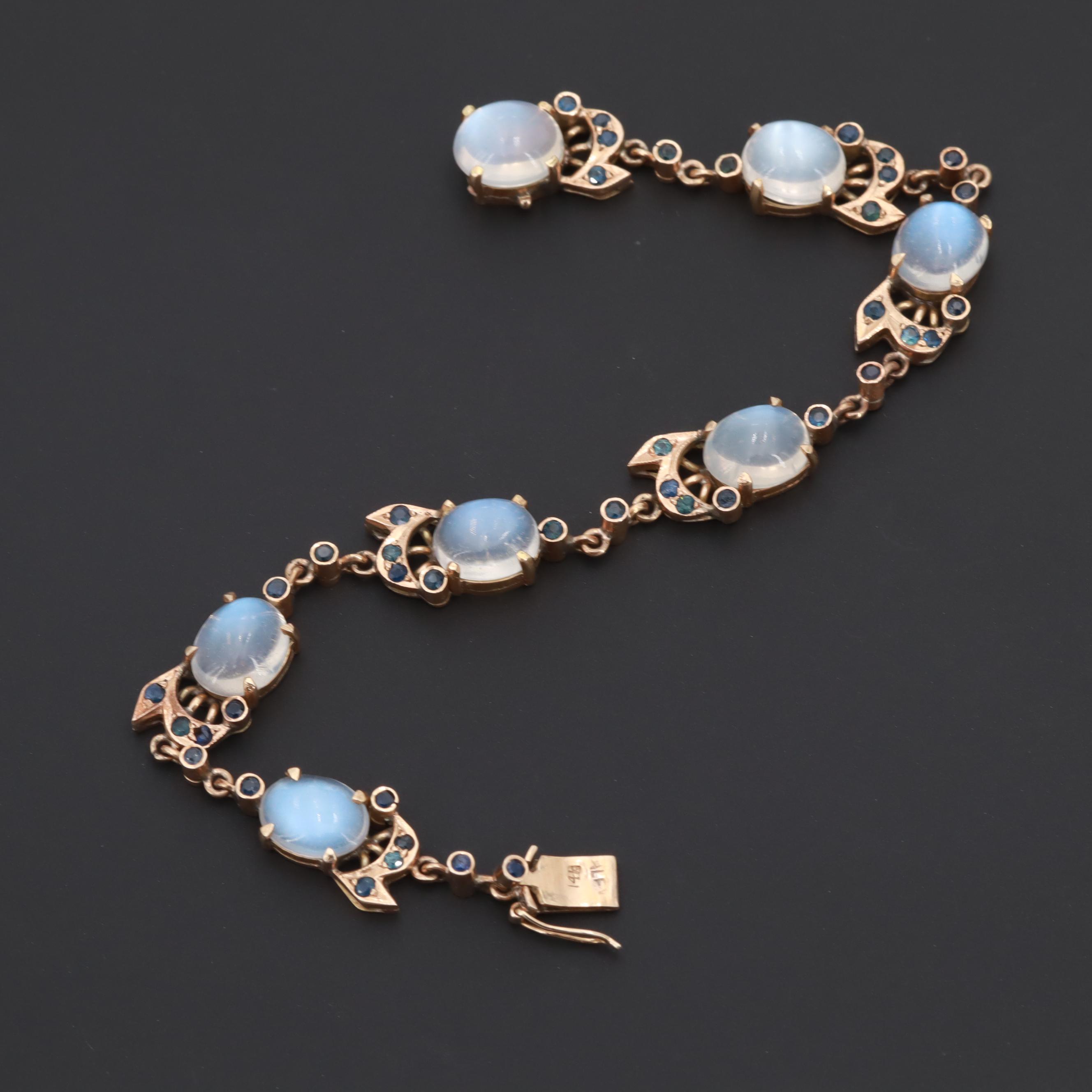Vintage 14K Rose Gold Moonstone and Sapphire Bracelet