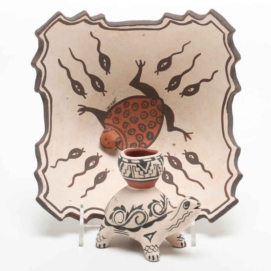 Jennie Laate and Josie Hand Polychrome Bowl and Turtle Figure