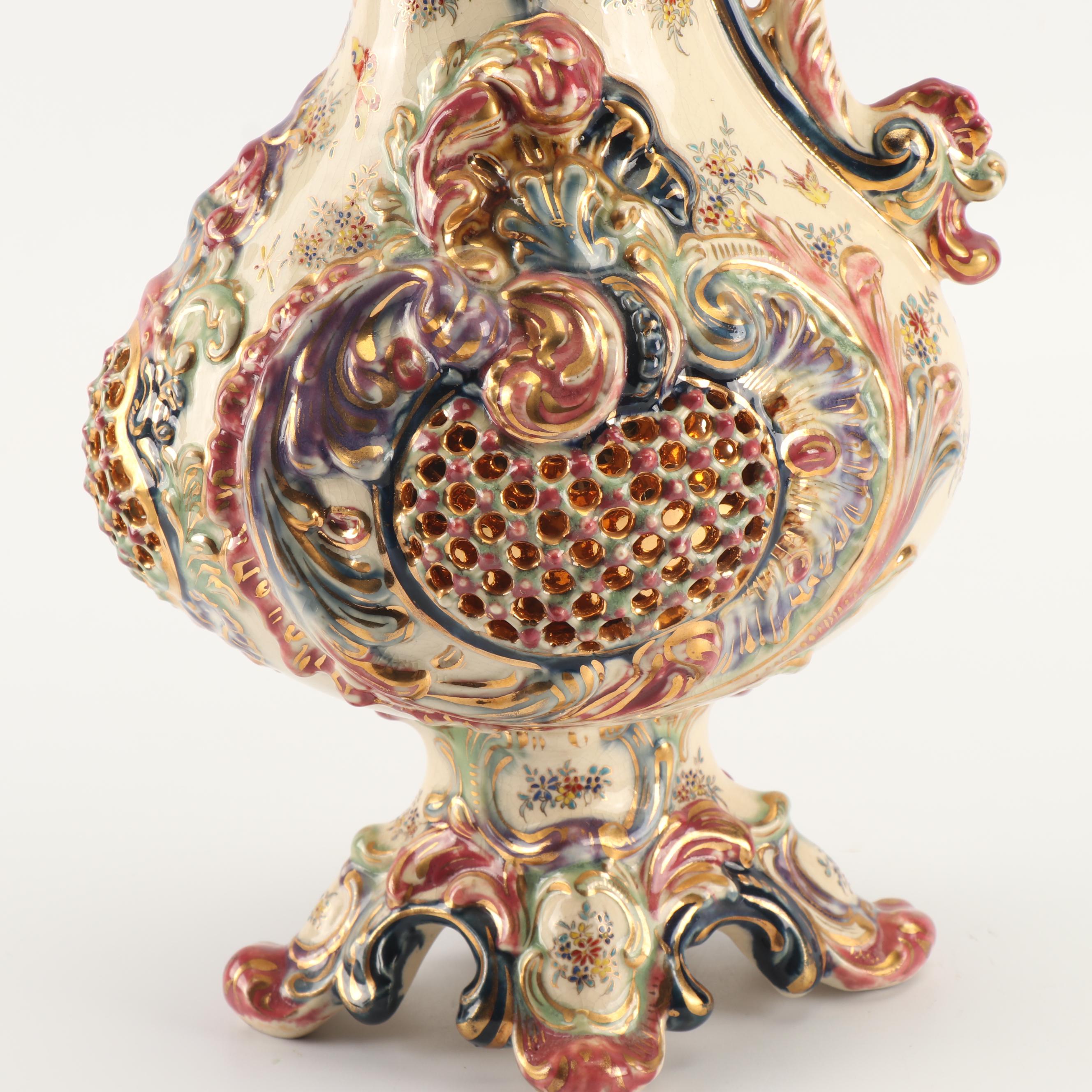 Fischer J. Budapest Reticulated Ceramic Ewer, 19th Century