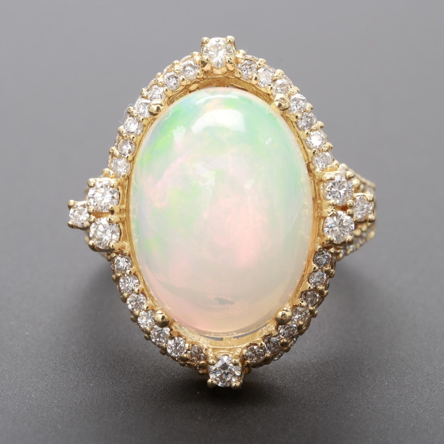 18K Yellow Gold Opal and 1.35 CTW Diamond Ring