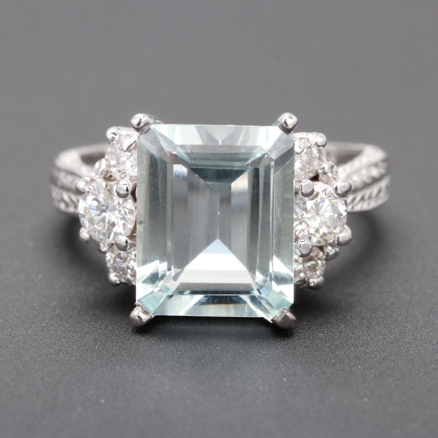 14K White Gold 3.53 CT Aquamarine and Diamond Ring