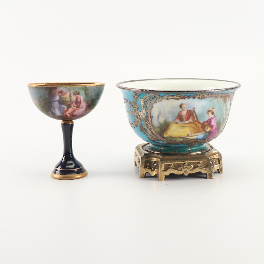 Sevres Style Hand-Painted Porcelain Bowl and Royal Vienna Porcelain Compote