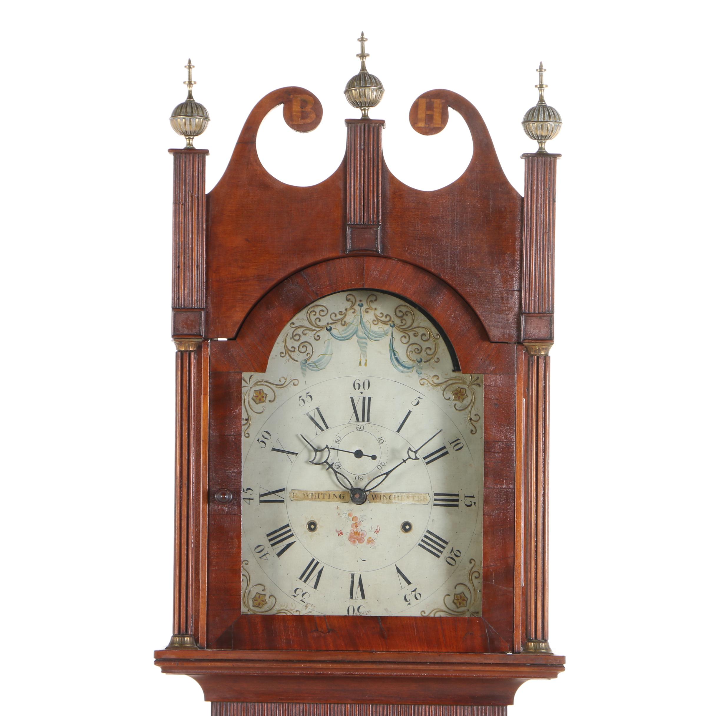 Federal Cherrywood, Maple, and Mahogany Tall Case Clock by Riley Whiting