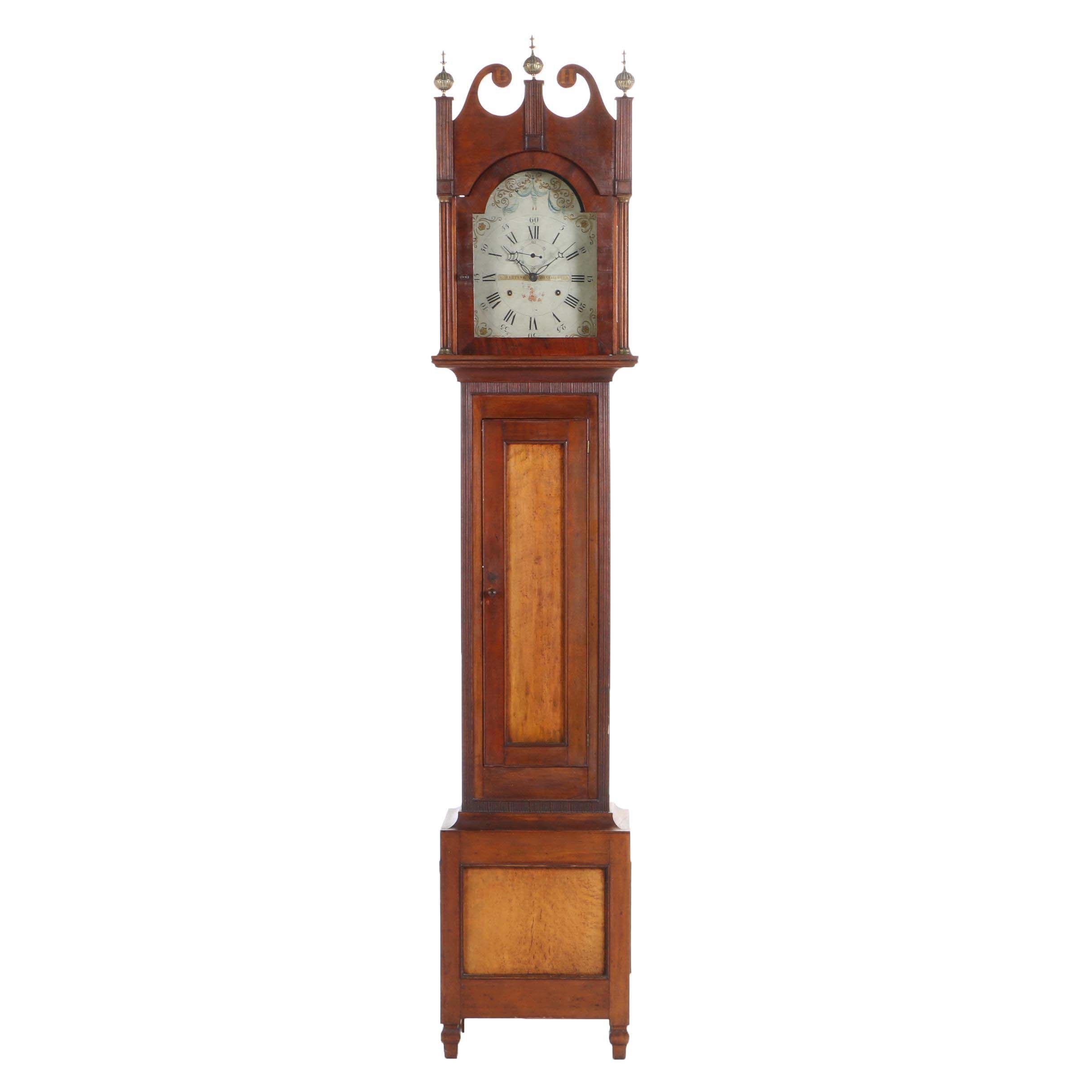 Federal Cherrywood, Maple, and Mahogany Tall Case Clock by Riley Whiting