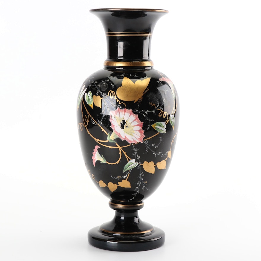 Bohemian Harrache Style Hand-Painted "Morning Glory" Black Glass Vase