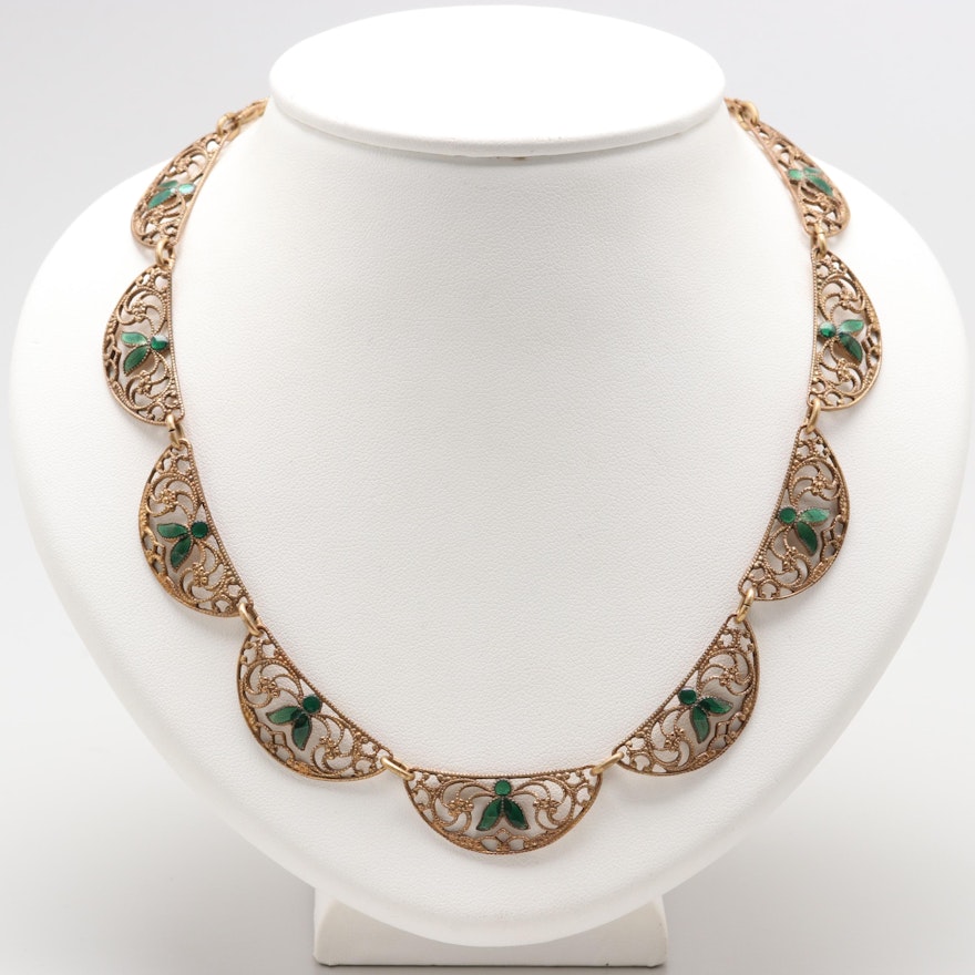 Edwardian Gold-Tone Filigree and Enamel Half Moon Link Necklace