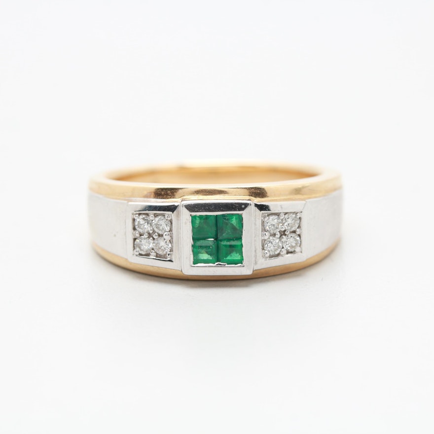 14K Yellow and White Gold Emerald and Diamond Ring
