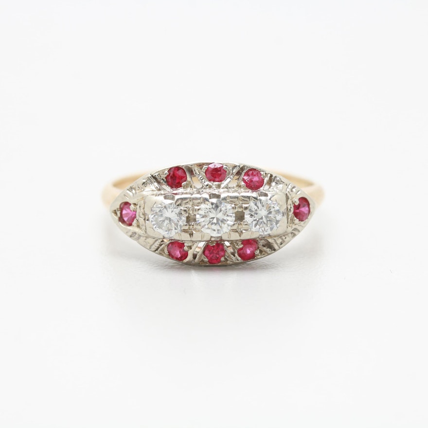 14K White and Yellow Gold Diamond and Synthetic Ruby Ring