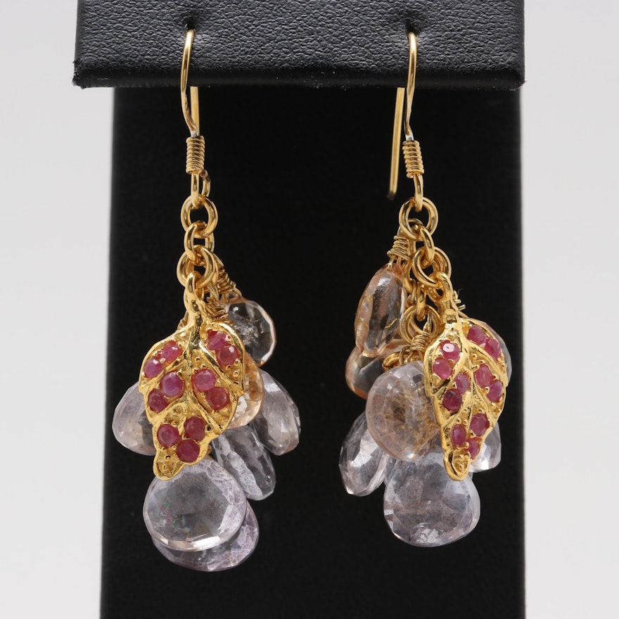 Gold Wash on Sterling Silver White Quartz and Ruby Earrings