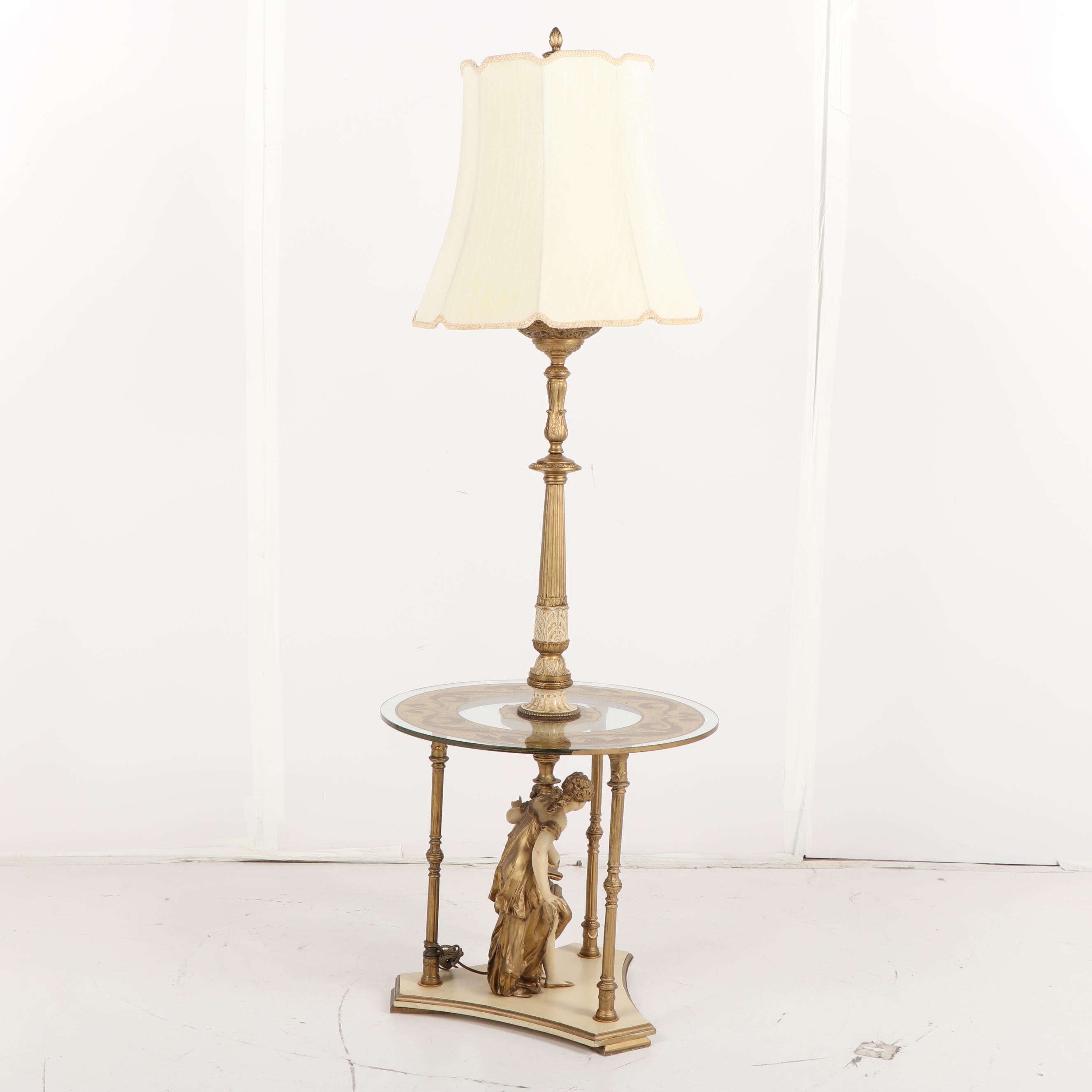 Baroque Style Gilt Metal and Glass Side Table Floor Lamp with Shade