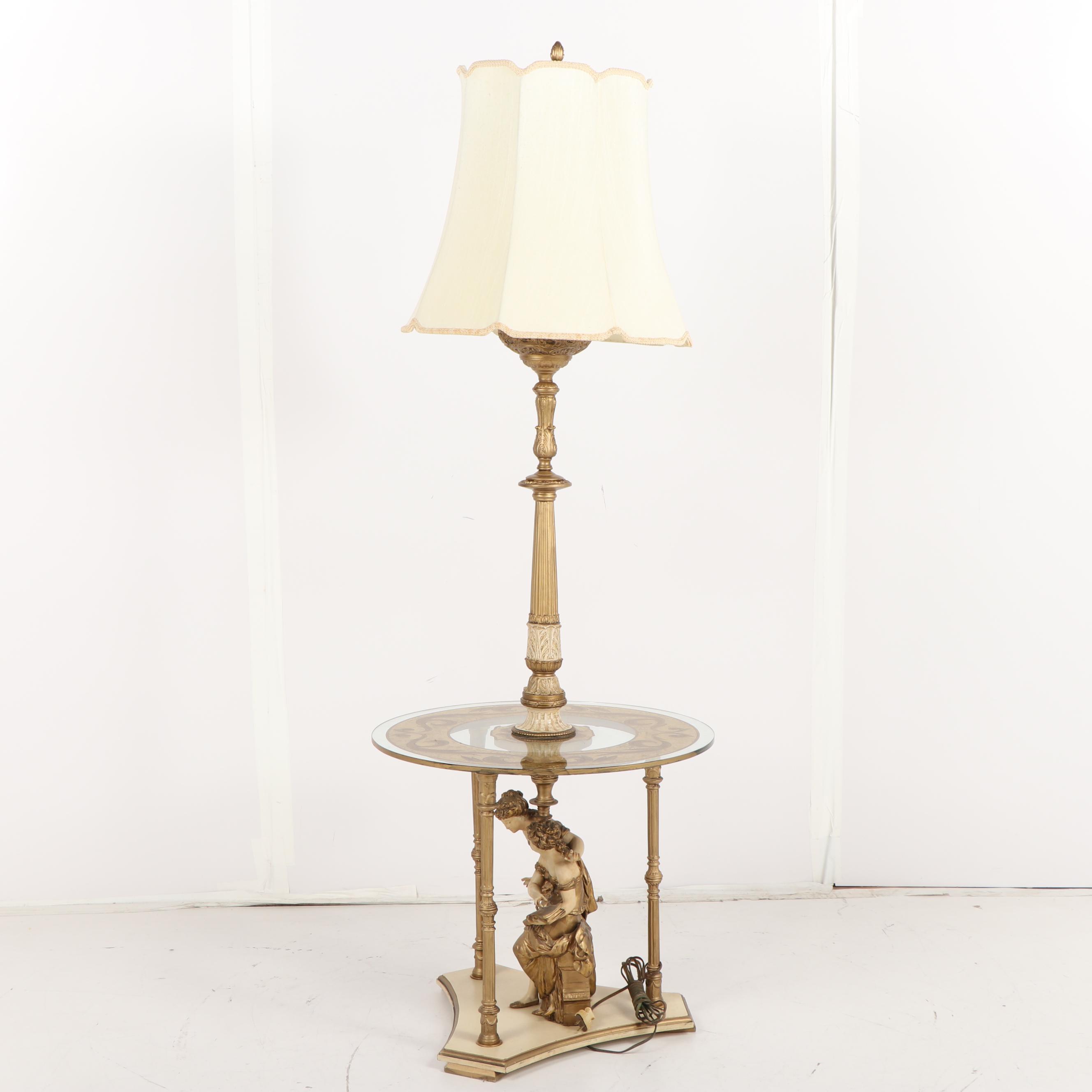 Baroque Style Gilt Metal and Glass Side Table Floor Lamp with Shade