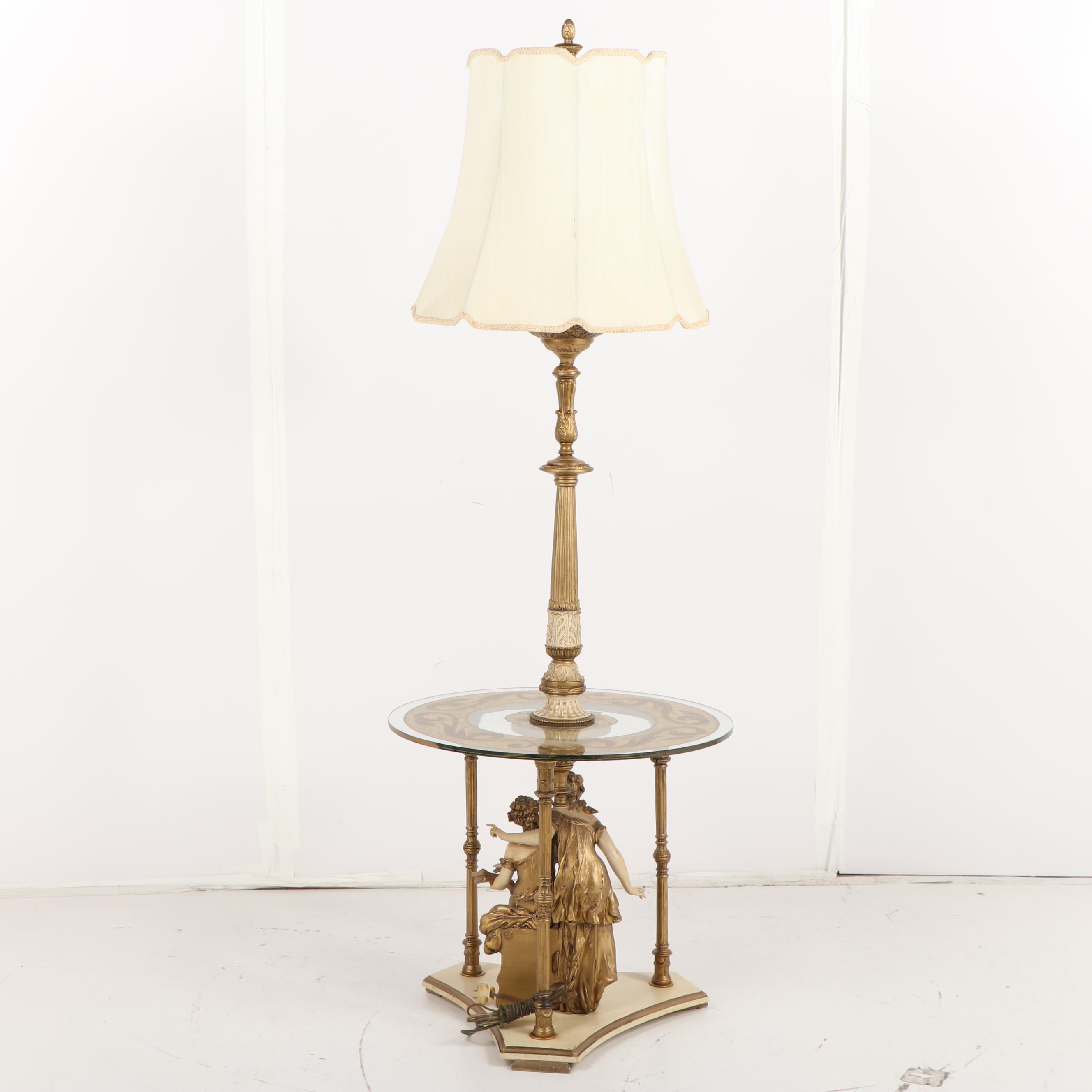 Baroque Style Gilt Metal and Glass Side Table Floor Lamp with Shade