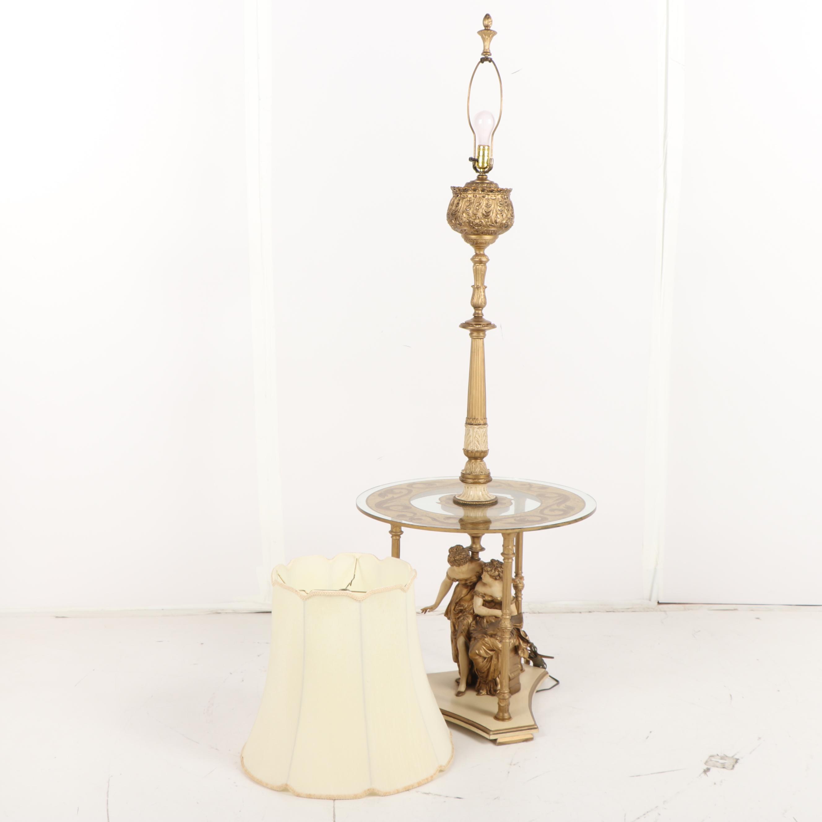 Baroque Style Gilt Metal and Glass Side Table Floor Lamp with Shade