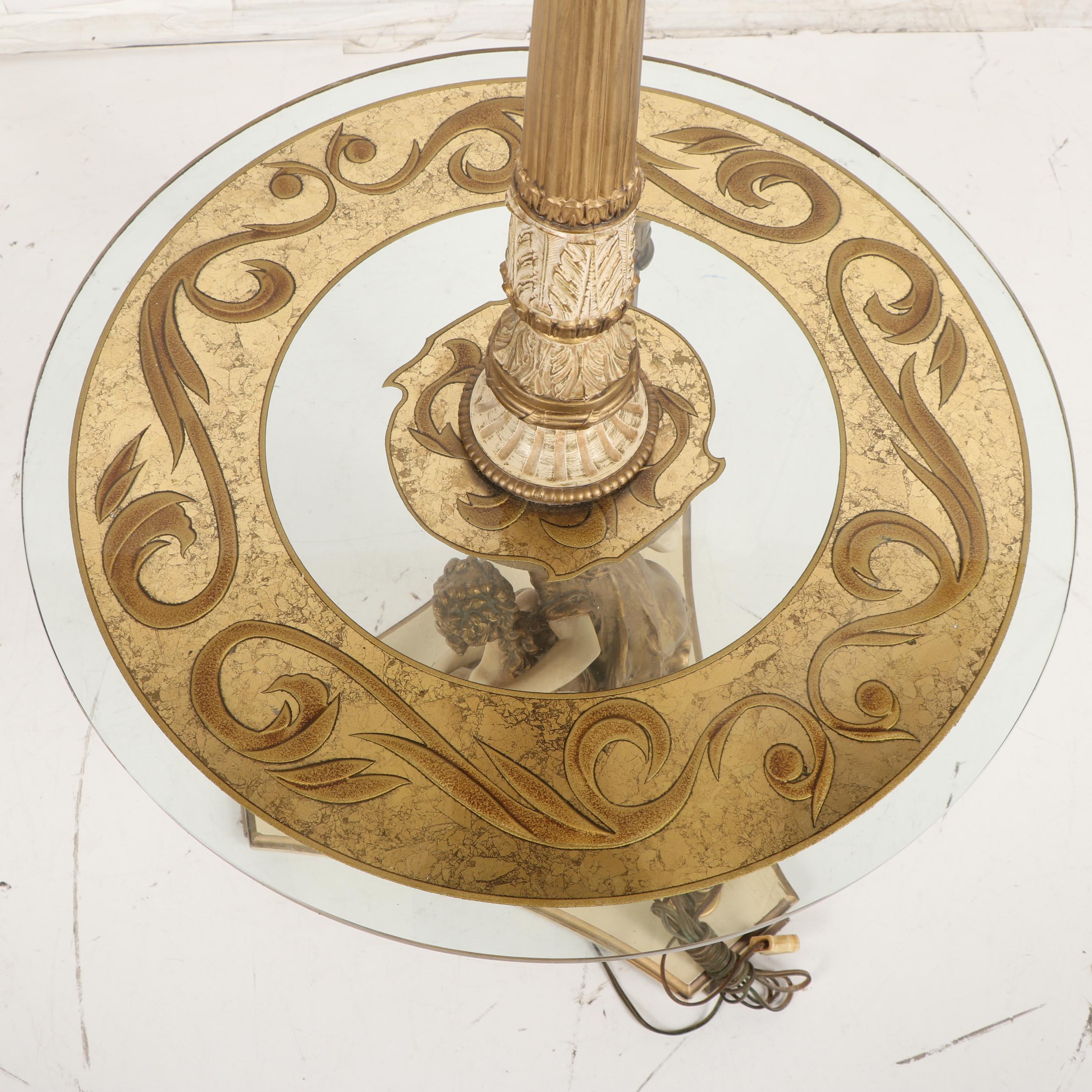 Baroque Style Gilt Metal and Glass Side Table Floor Lamp with Shade