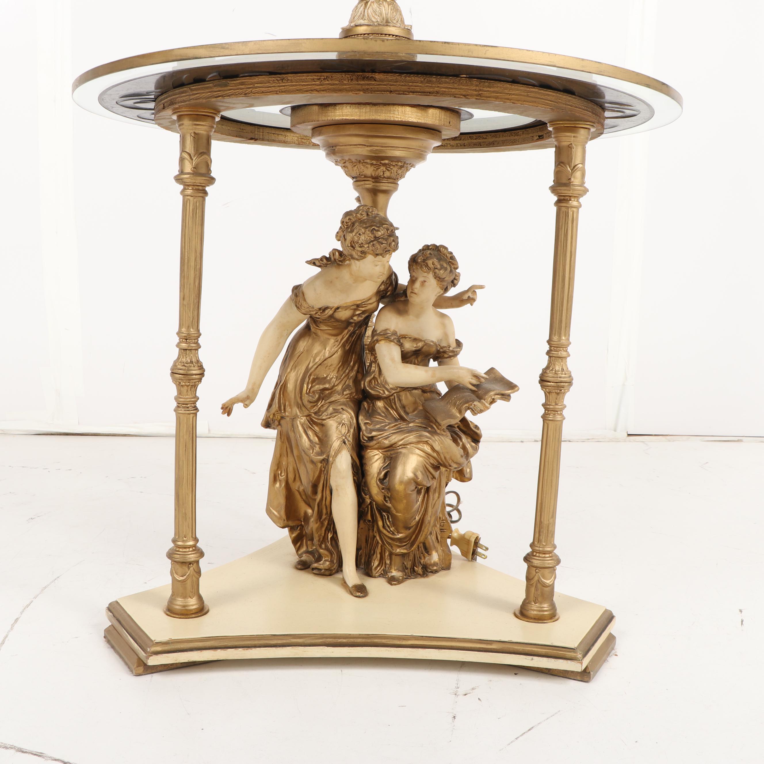 Baroque Style Gilt Metal and Glass Side Table Floor Lamp with Shade
