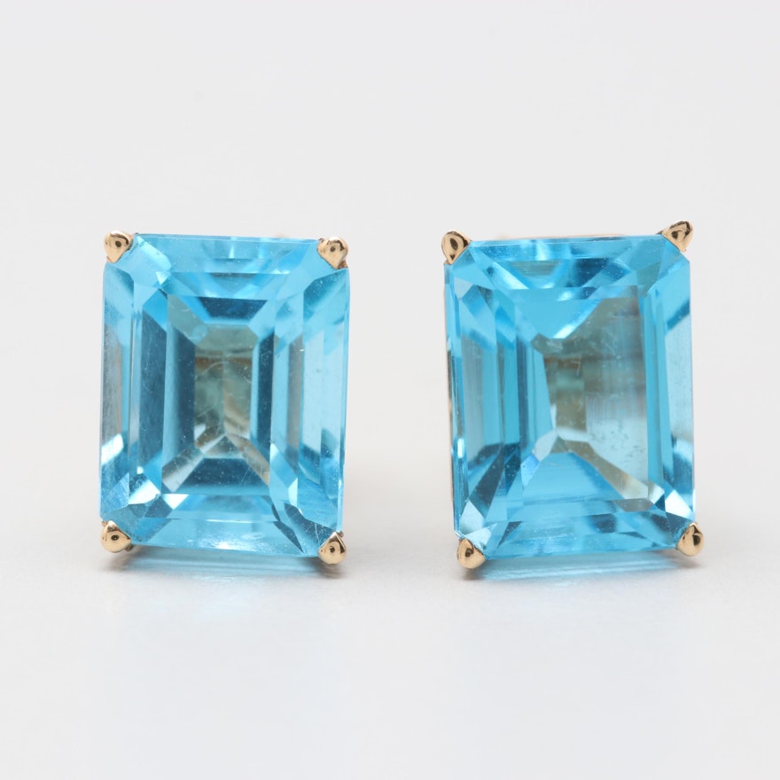 14K Yellow Gold Blue Topaz Stud Earrings