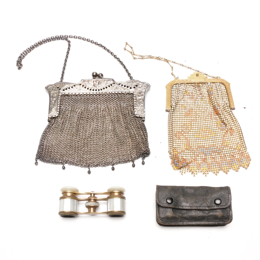 1920s Mesh Handbags Including Sterling, Whiting and Davis and Opera Glasses