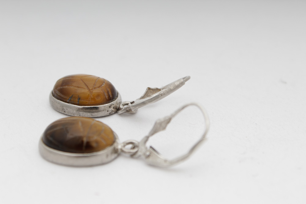 Sterling Silver Tiger Eye Scarab Earrings