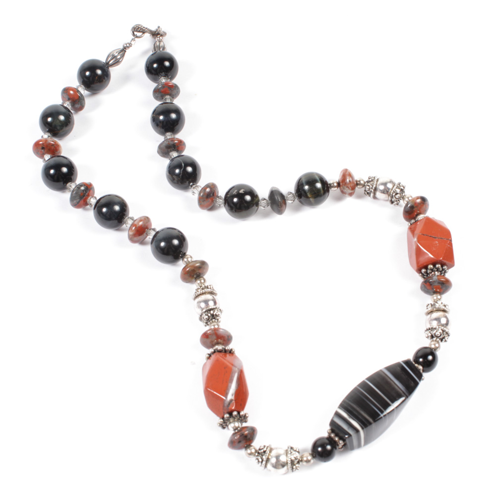 Sterling Silver Onyx Carnelian Bead Necklace