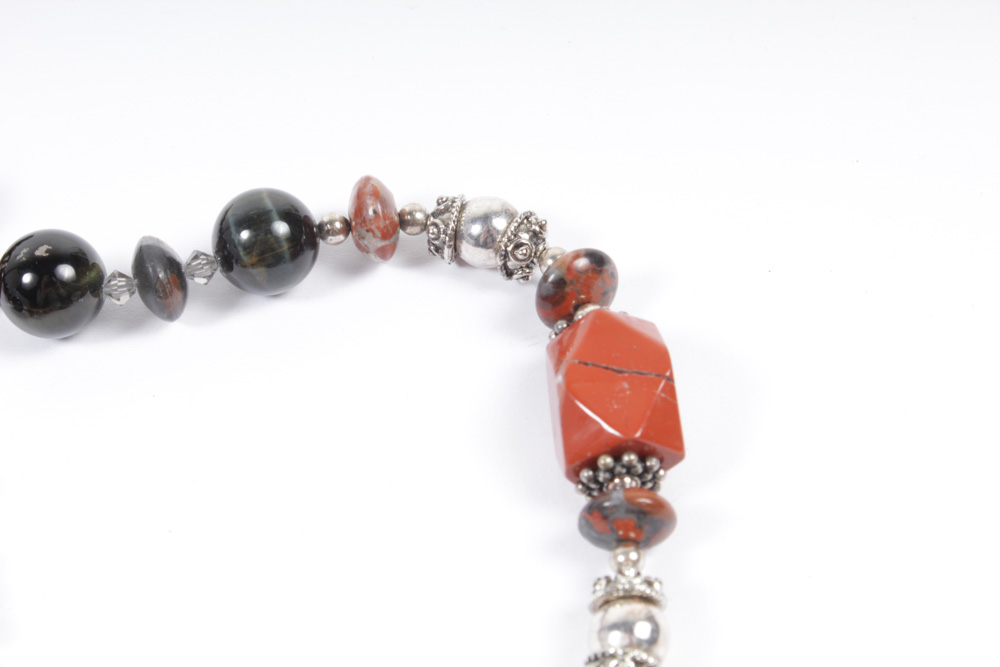 Sterling Silver Onyx Carnelian Bead Necklace