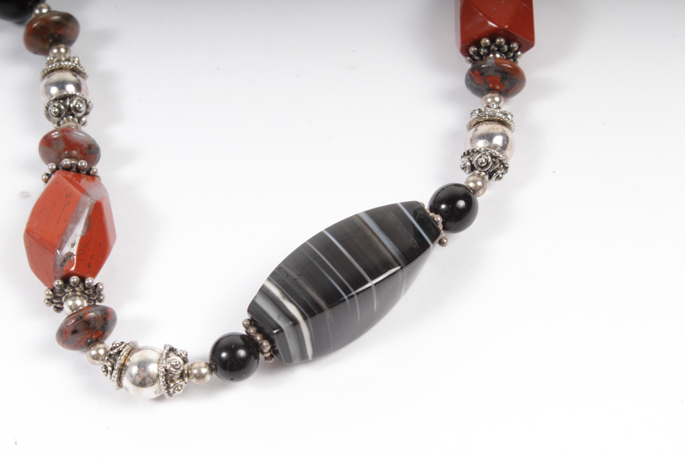 Sterling Silver Onyx Carnelian Bead Necklace