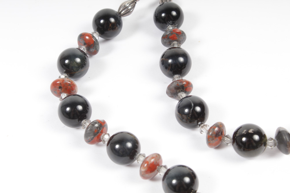 Sterling Silver Onyx Carnelian Bead Necklace