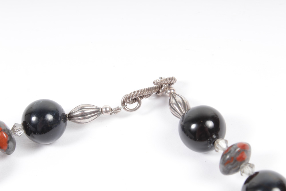 Sterling Silver Onyx Carnelian Bead Necklace