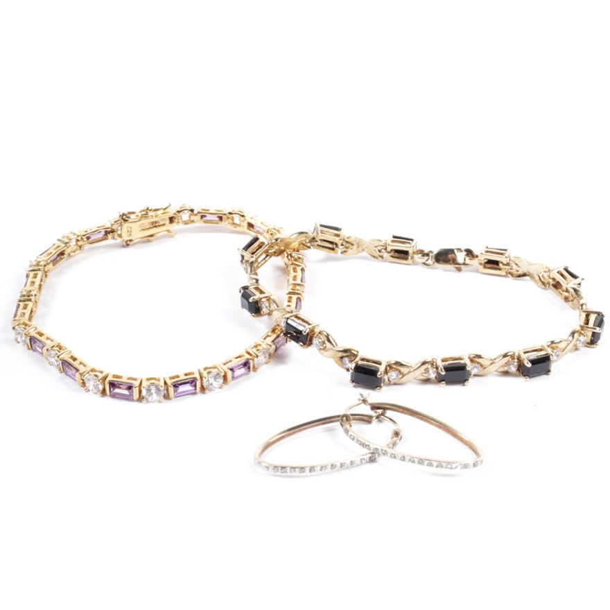 Gold Wash on Sterling Silver Synthetic Gemstone Bracelets and Earrings