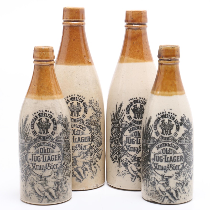 Four Cincinnati Antique Christian Moerlein Stoneware Crock Beer Bottles
