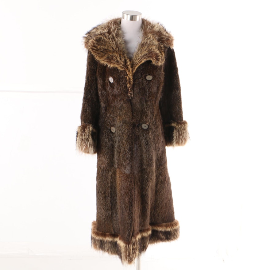 Women's Vintage Nutria Fur Double-Breasted Coat with Raccoon Fur Trim